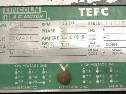 Lincoln T-2993 AC Motor 3Hp 1170rpm 230/460v 3ph 213T TEFC