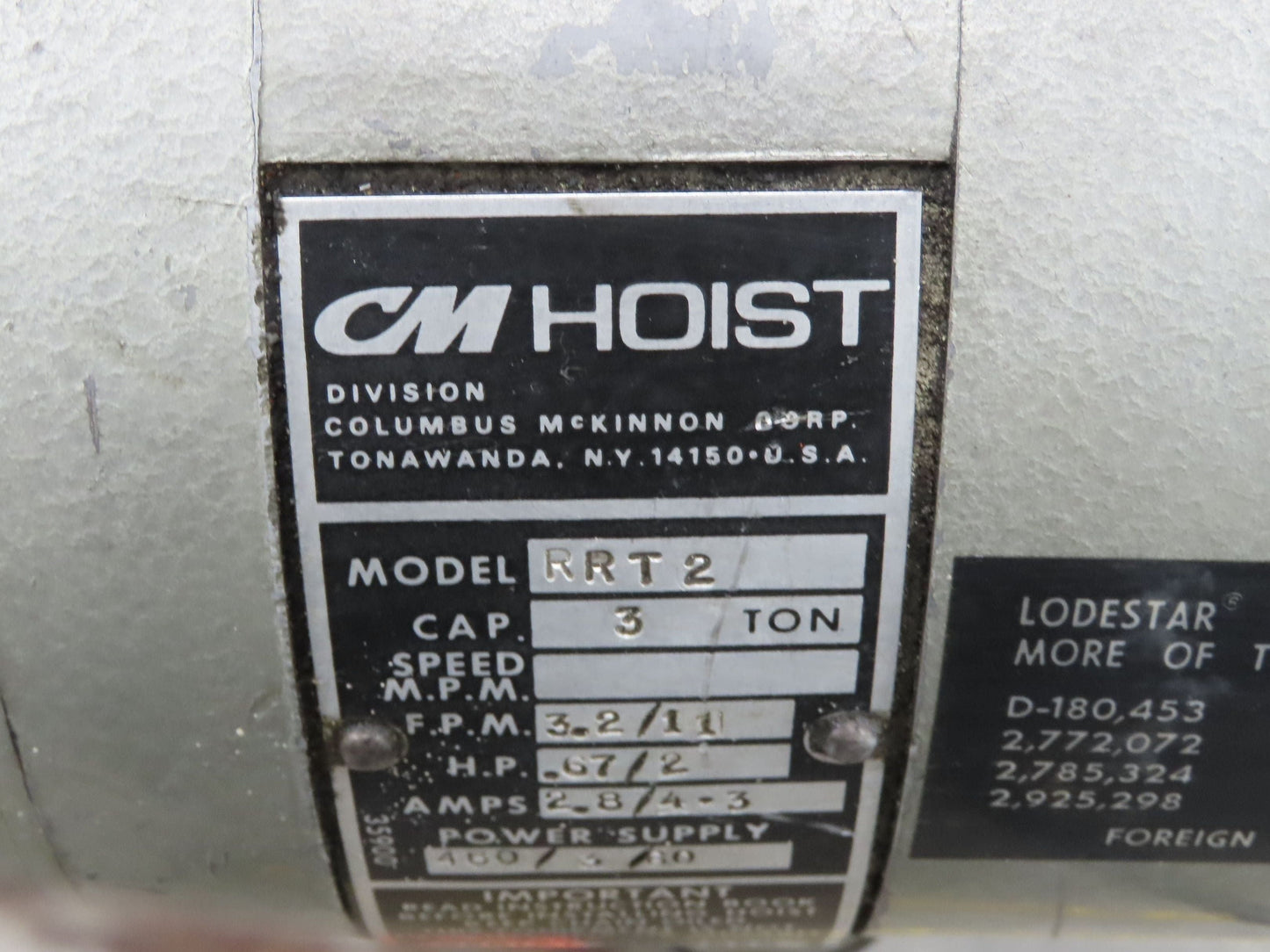 CM Lodestar RRT2 3 Ton Electric Chain Hoist 2 Speed 14' Lift Power Trolley 460V