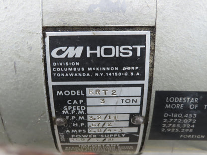 CM Lodestar RRT2 3 Ton Electric Chain Hoist 2 Speed 14' Lift Power Trolley 460V