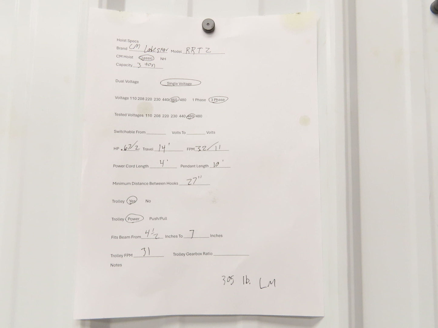 CM Lodestar RRT2 3 Ton Electric Chain Hoist 2 Speed 14' Lift Power Trolley 460V