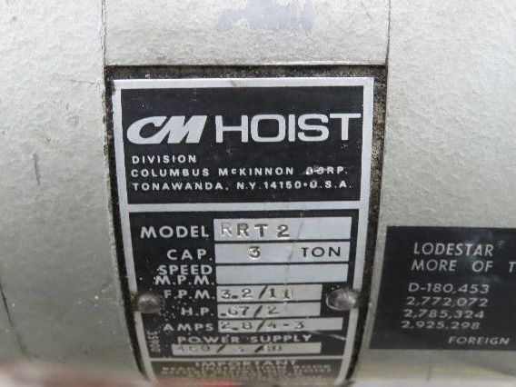 CM Lodestar RRT2 3 Ton Electric Chain Hoist 2 Speed 14' Lift Power Trolley 460V