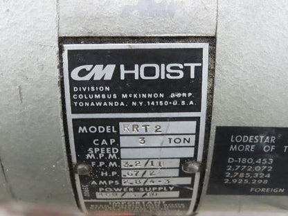 CM Lodestar RRT2 3 Ton Electric Chain Hoist 2 Speed 14' Lift Power Trolley 460V