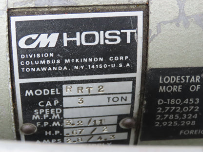 CM Lodestar RRT2 3 Ton Electric Chain Hoist 2 Speed 14' Lift Power Trolley 460V