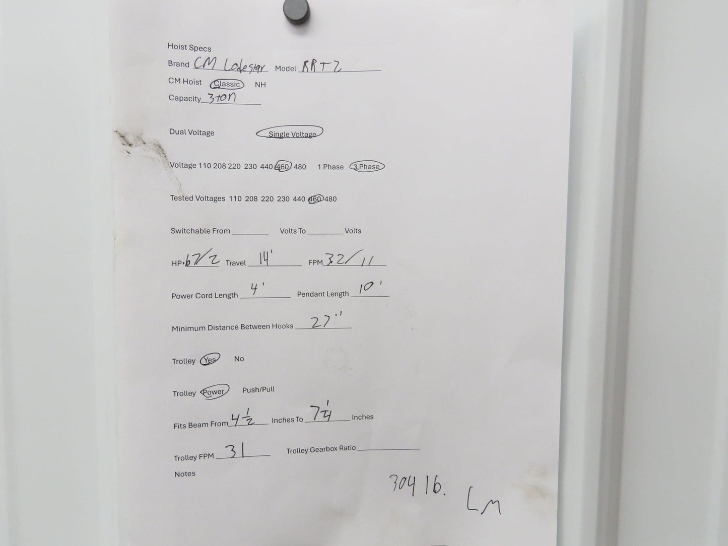 CM Lodestar RRT2 3 Ton Electric Chain Hoist 2 Speed 14' Lift Power Trolley 460V