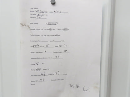 CM Lodestar RRT2 3 Ton Electric Chain Hoist 2 Speed 14' Lift Power Trolley 460V