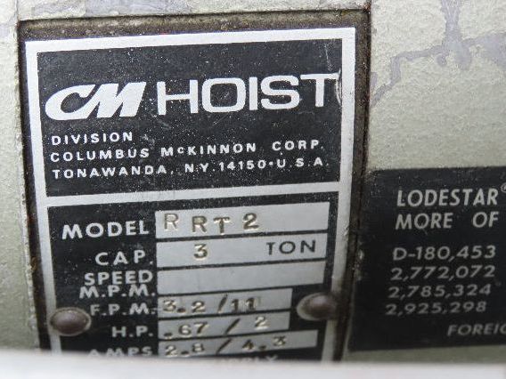 CM Lodestar RRT2 3 Ton Electric Chain Hoist 2 Speed 14' Lift Power Trolley 460V