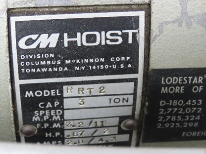 CM Lodestar RRT2 3 Ton Electric Chain Hoist 2 Speed 14' Lift Power Trolley 460V