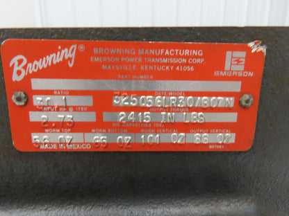 Browning 325Q56LR30/B07N Gearbox 30:1 Reducer 58rpm 2.7Hp Dual Shaft 56 Frame