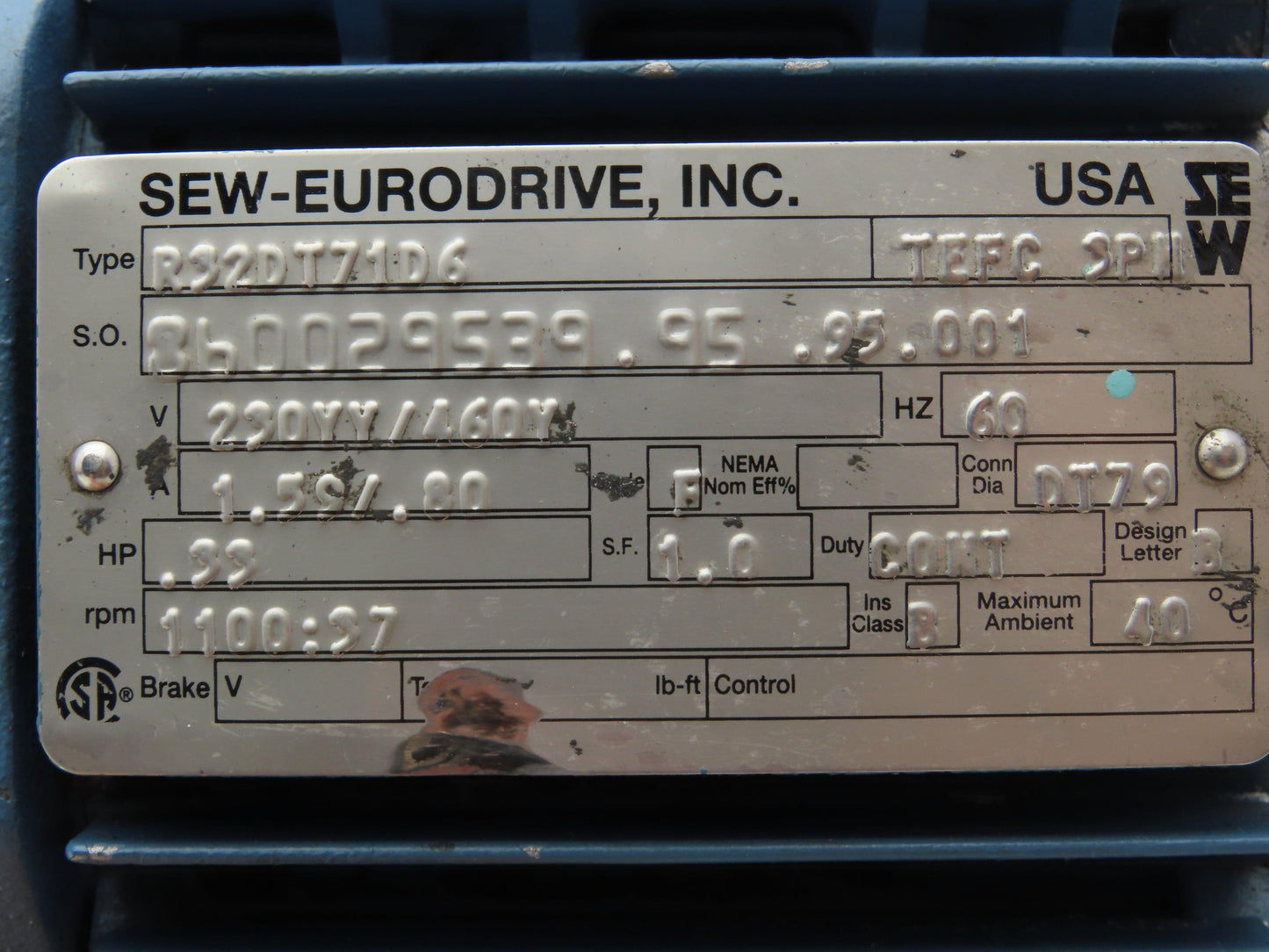 Sew Eurodrive R32DT71D6 Inline Gearmotor .33Hp 230/460V 3PH 37 RPM Output