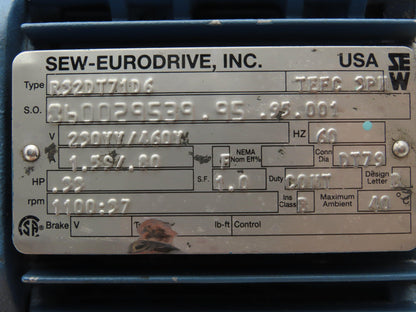 Sew Eurodrive R32DT71D6 Inline Gearmotor .33Hp 230/460V 3PH 37 RPM Output