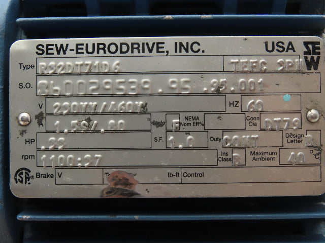 Sew Eurodrive R32DT71D6 Inline Gearmotor .33Hp 230/460V 3PH 37 RPM Output