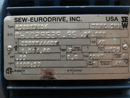 Sew Eurodrive R32DT71D6 Inline Gearmotor .33Hp 230/460V 3PH 37 RPM Output
