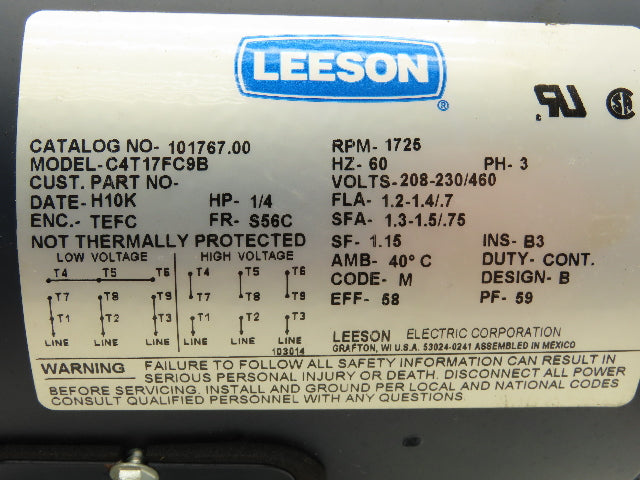 Leeson Electric C4T17FC9B AC Motor 1/4Hp 1725 RPM 230/460V 3PH 56C 101767.00