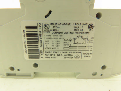 Allen Bradley 1489-A1C010 | 1489-A1C020 Circuit Breaker 1-Pole 1A/2A Lot of 8