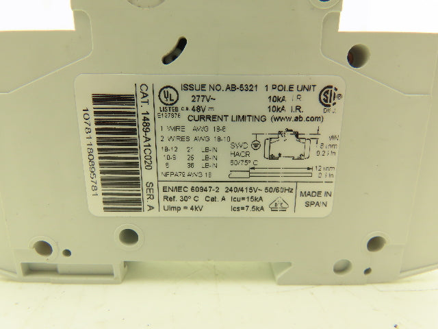 Allen Bradley 1489-A1C010 | 1489-A1C020 Circuit Breaker 1-Pole 1A/2A Lot of 8