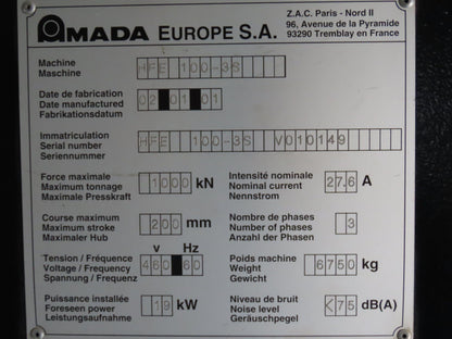 Amada HFE 1000-35 Press Brake 112 Ton x 10' 122" Hydraulic CNC 200mm Stroke 460V