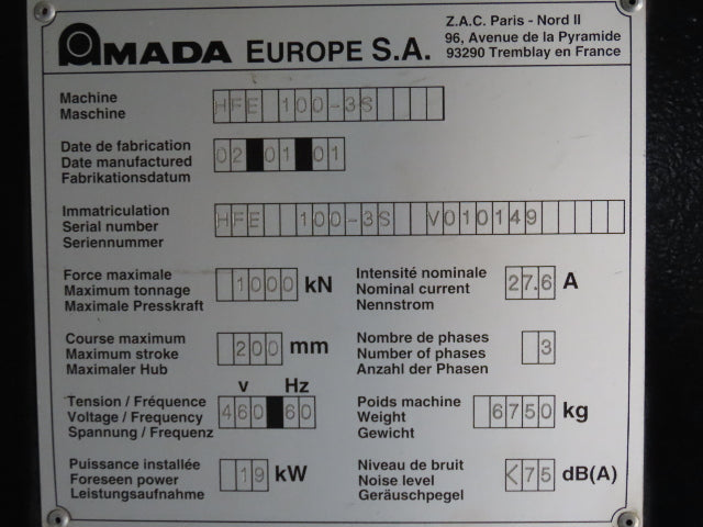 Amada HFE 1000-35 Press Brake 112 Ton x 10' 122" Hydraulic CNC 200mm Stroke 460V
