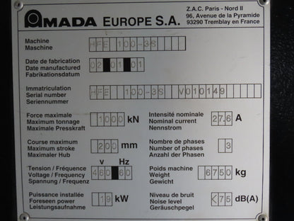 Amada HFE 1000-35 Press Brake 112 Ton x 10' 122" Hydraulic CNC 200mm Stroke 460V