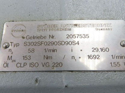 Stober S302SF0290SD90S4 Gearmotor 58 RPM 1.1Kw 277/480V 3PH Hollow Shaft 29.16:1
