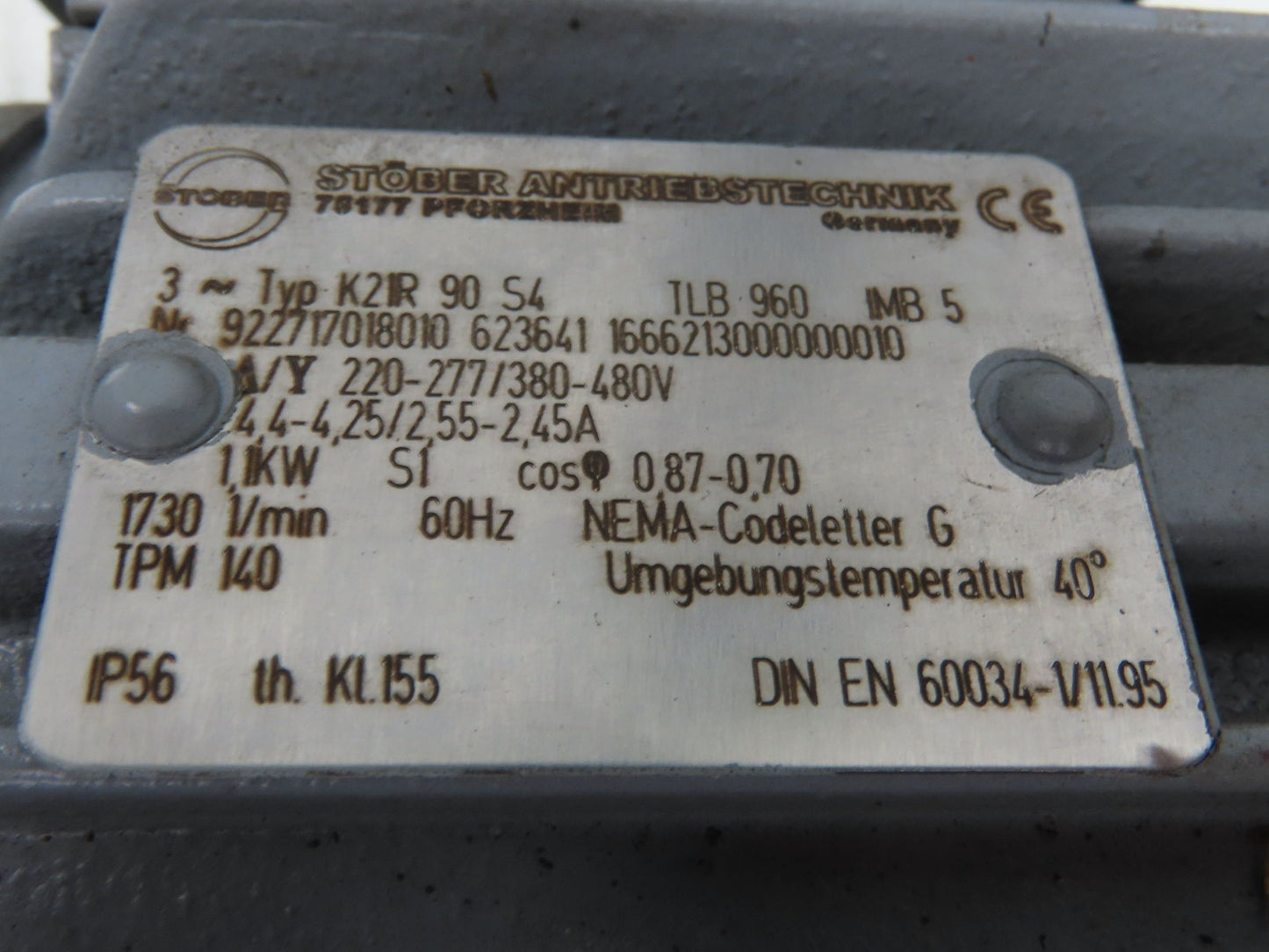 Stober S302SF0290SD90S4 Gearmotor 58 RPM 1.1Kw 277/480V 3PH Hollow Shaft 29.16:1