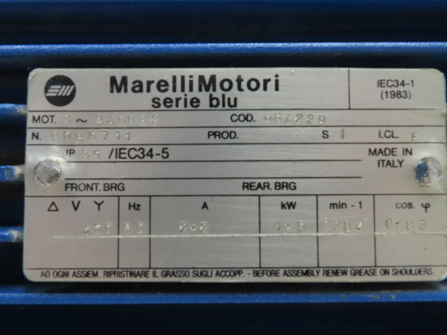 Marelli Motori MA90S2 Centrifugal Squirrel Fan Blower 3390rpm 230/460v 3Ph 2Hp
