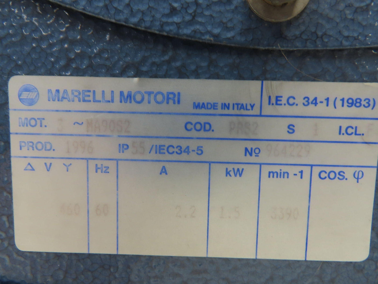 Marelli Motori MA90S2 Centrifugal Squirrel Fan Blower 3390rpm 230/460v 3Ph 2Hp