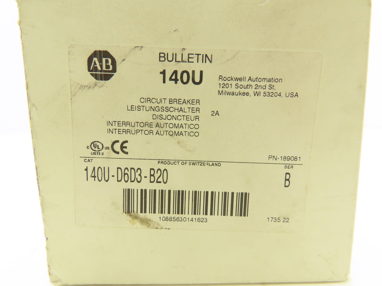 Allen Bradley 140U-D6D3-B20 Circuit Breaker 600VAC 3ph 2A Motor Protection MSP