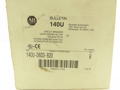 Allen Bradley 140U-D6D3-B20 Circuit Breaker 600VAC 3ph 2A Motor Protection MSP