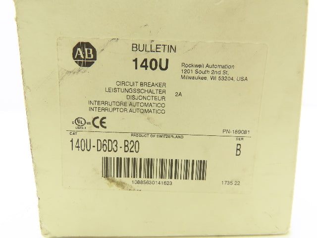 Allen Bradley 140U-D6D3-B20 Circuit Breaker 600VAC 3ph 2A Motor Protection MSP