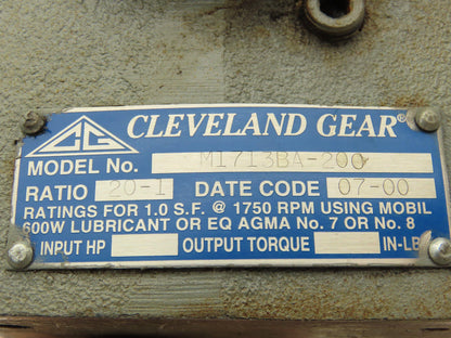 Cleveland Gear M1713BA-200 Worm Gearbox 20:1 Reducer 88rpm RH Output