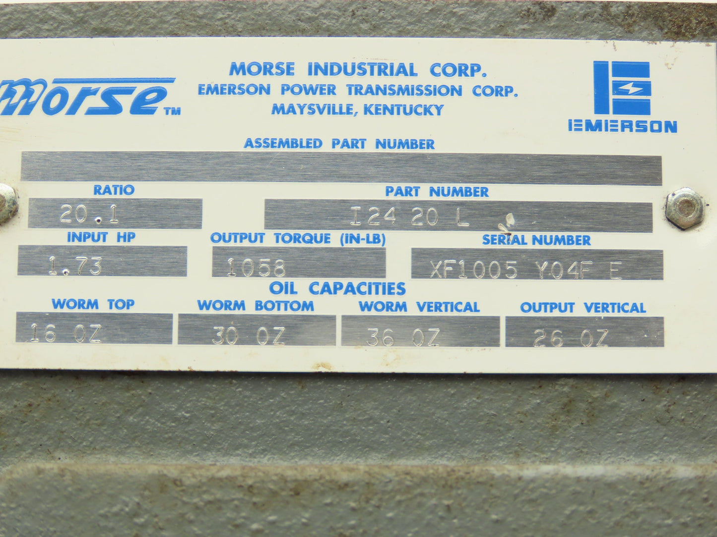 Morse I24 20L Worm Gearbox 20:1 Reducer 1.7Hp 88rpm 56C-145T LH Output