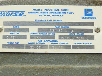 Morse I24 20L Worm Gearbox 20:1 Reducer 1.7Hp 88rpm 56C-145T LH Output