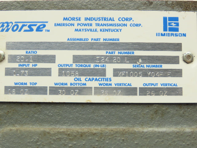 Morse I24 20L Worm Gearbox 20:1 Reducer 1.7Hp 88rpm 56C-145T LH Output