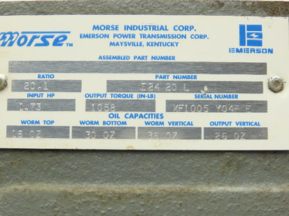 Morse I24 20L Worm Gearbox 20:1 Reducer 1.7Hp 88rpm 56C-145T LH Output