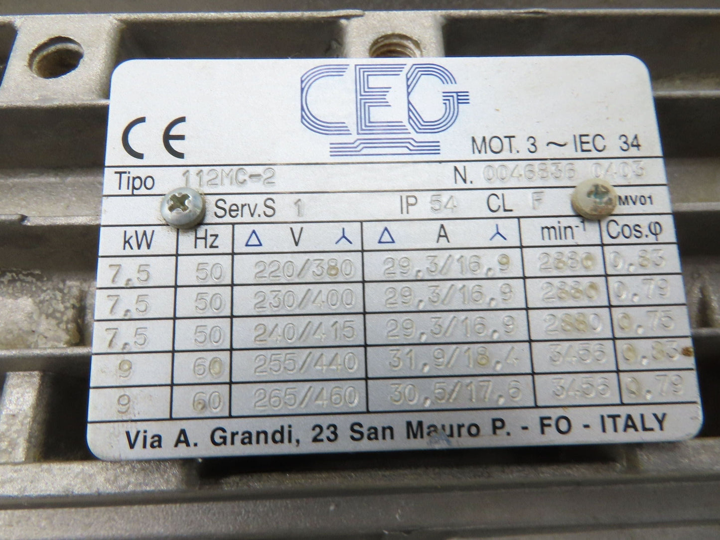 CEG AC Motor IEC 9kW 12Hp 3500rpm 220/460V 3PH 50/60hz 112M Metric Frame