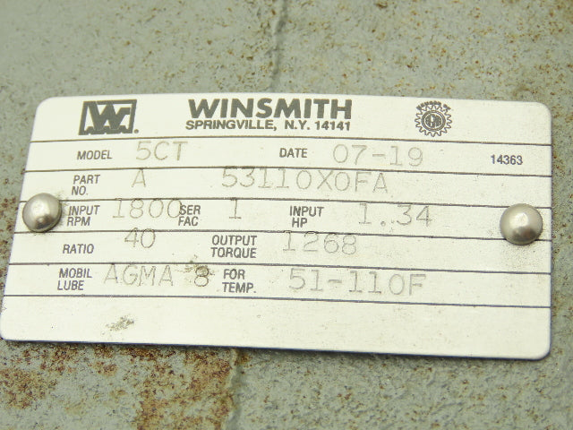 Winsmith 5CT C-Line Worm Gearbox 40:1 Reducer 1.34Hp 44rpm RH Output Foot Mount
