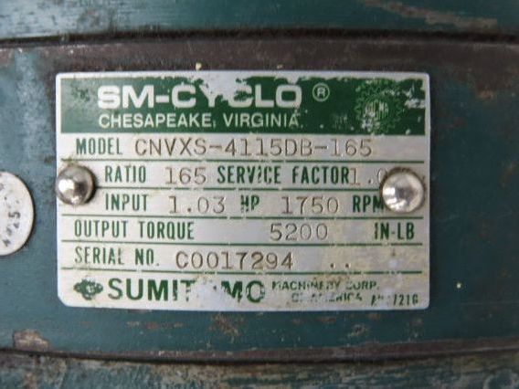 Sumitomo SM-Cyclo CNVXS-4115DB-165 Inline Gearbox 165:1 Reducer 1Hp 10.6rpm