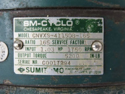Sumitomo SM-Cyclo CNVXS-4115DB-165 Inline Gearbox 165:1 Reducer 1Hp 10.6rpm