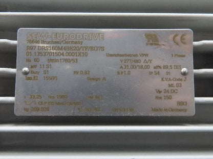 Sew Eurodrive R97 DRS160M4BE20/TF/EG7S Gear Motor 33.25:1 53rpm 11Kw 277/480V