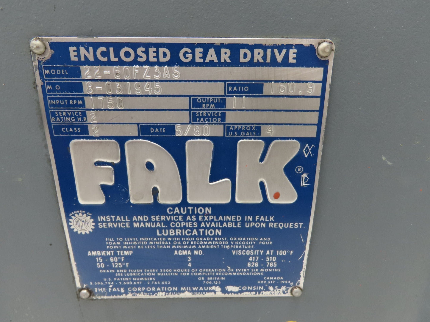 Falk 22-60FZ3AS Inline Gearbox 160.9 Reducer 2Hp 11 RPM Output w/Motor Mount