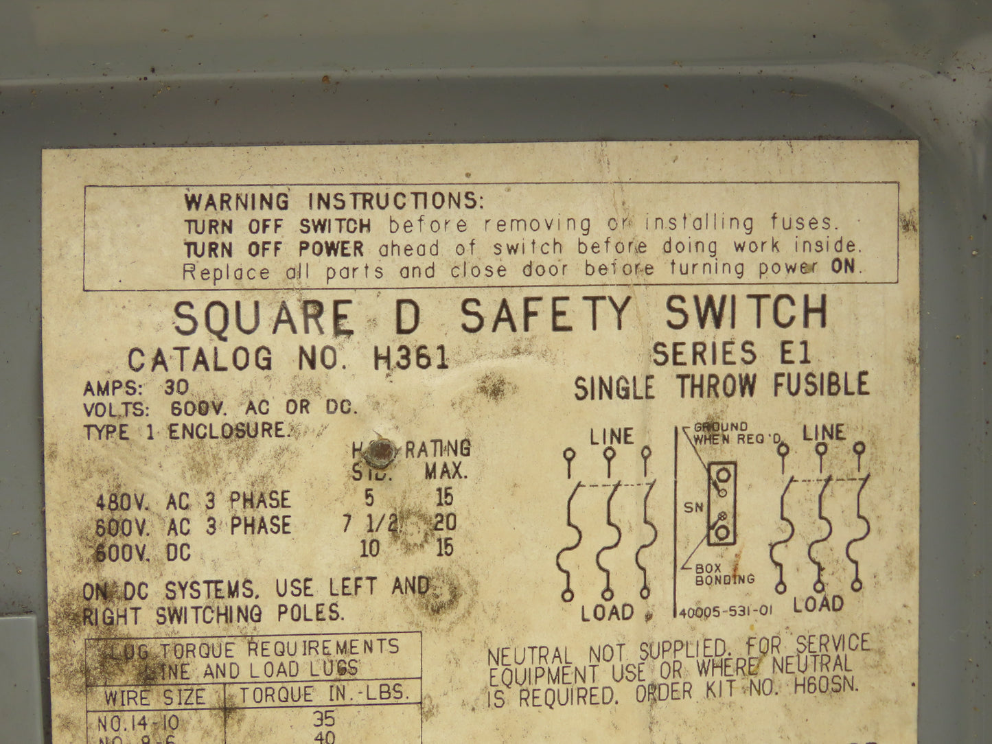 Square D H361 Safety Disconnect Switch Fusible 30A 3PH Series E1 Lot of 2