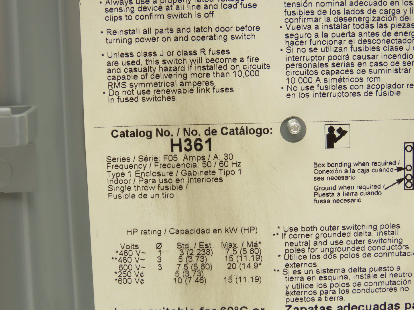Square D H361 Fusible Heavy Duty Safety Disconnect Switch 30A 600VAC F05