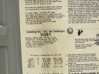 Square D H361 Fusible Heavy Duty Safety Disconnect Switch 30A 600VAC F05