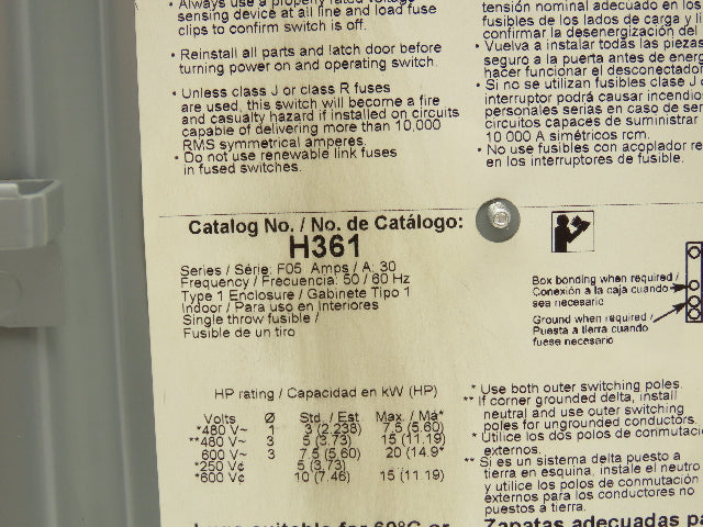 Square D H361 Fusible Heavy Duty Safety Disconnect Switch 30A 600VAC F05