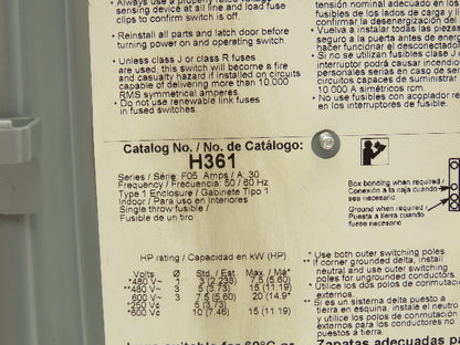 Square D H361 Fusible Heavy Duty Safety Disconnect Switch 30A 600VAC F05