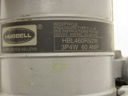 Hubbell HBL460RS2W Receptacle 60A 250VDC 600VAC 3 Pole 4 Wire & Angle Back Box
