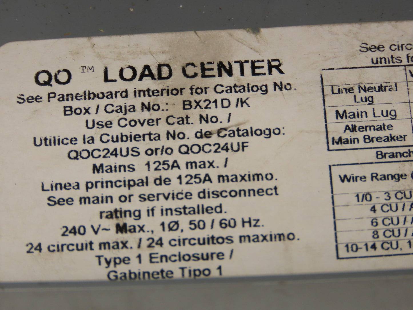 Square D BX21D/K Load Center Enclosure 125A 120/240V 1ph 24 Breaker Box