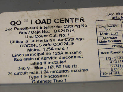 Square D BX21D/K Load Center Enclosure 125A 120/240V 1ph 24 Breaker Box