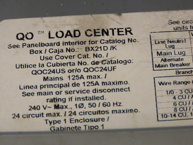 Square D BX21D/K Load Center Enclosure 125A 120/240V 1ph 24 Breaker Box