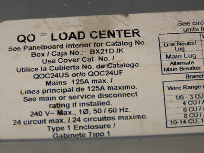 Square D BX21D/K Load Center Enclosure 125A 120/240V 1ph 24 Breaker Box